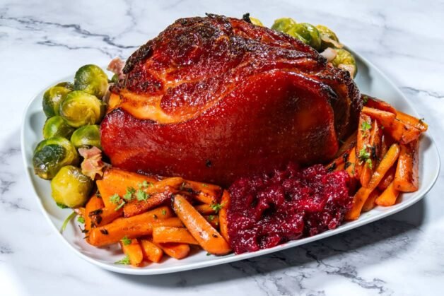 Honey-Dijon glazed ham served with roasted carrots, Brussels sprouts, and cranberry sauce on a white platter.