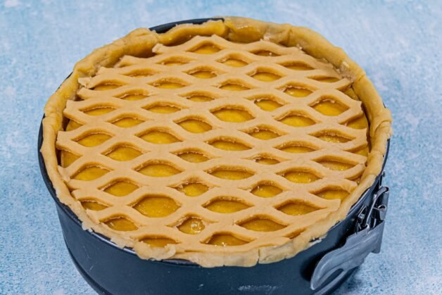 Lattice-patterned pie crust covering the creamy chicken and mushroom filling.