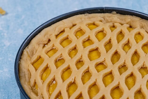 Close-up of the lattice crust on the creamy chicken pie before applying the glaze.
