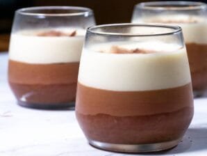Triple Chocolate Mousse with dark, milk, and white chocolate layers in glass cups.